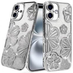 iPhone 16 6.1 inch Shimmer Glitter Floral Design Thick TPU Case Cover - Silver