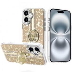 iPhone 16 6.1 inch Splendid Floral Designs with Metal Camera and Buttons with Butterfly Ring Sta