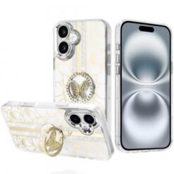 iPhone 16 6.1 inch Splendid Floral Designs with Metal Camera and Buttons with Butterfly Ring Sta
