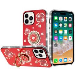 iPhone 15 Pro Splendid Glitter with Diamonds All Around Edges Ring Stand Case Cover - Red