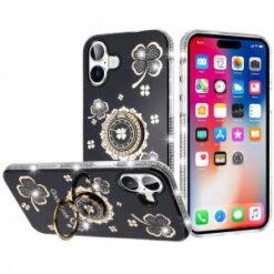 iPhone 16 6.1 inch Splendid Glitter with Diamonds All Around Edges Ring Stand Case Cover - Black