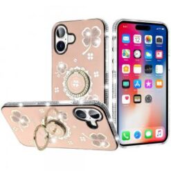 iPhone 16 6.1 inch Splendid Glitter with Diamonds All Around Edges Ring Stand Case Cover - Gold