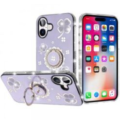 iPhone 16 6.1 inch Splendid Glitter with Diamonds All Around Edges Ring Stand Case Cover - Purpl