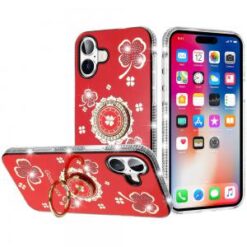 iPhone 16 6.1 inch Splendid Glitter with Diamonds All Around Edges Ring Stand Case Cover - Red