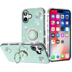 iPhone 16 6.1 inch Splendid Glitter with Diamonds All Around Edges Ring Stand Case Cover - Teal
