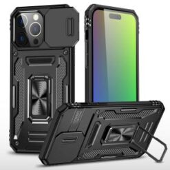 iPhone 15 Plus Utter Tough Metal Ring Movable Camera Window Hybrid Case Cover - Black