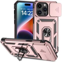 iP15 Pro Max Well Protective Magentic Ring Stand Camera Protective Cover Case - Rose Gold