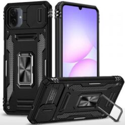 For Samsung Galaxy A07 Utter Tough Metal Ring Movable Camera Window Hybrid Case Cover - Black