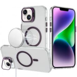 iPhone 13/14 Transparent HQ Hybrid with Metallic Camera Stand Magnetic Ring Case - Dark Purple
