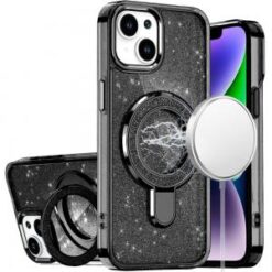 iPhone 13/14 Transparent Glitter Rotaional Magnetic Ring Stand HQ Hybrid - Black
