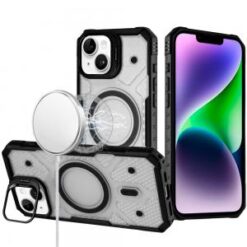 iPhone 13/14 Tough Dotted Design HQ Hybrid with Metallic Camera Stand Magnetic Ring Case - Black