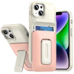 iPhone 13/14 Card Holder (2X) with Wrist Strap Hybrid With KickStand - Beige+Light Pink