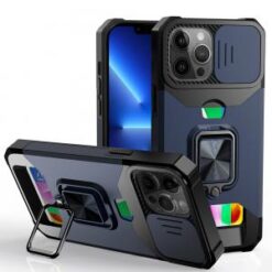 iPhone 13 Pro Multi-Functional Card Magnetic Ring Stand Hybrid Camera Case Cover - Blue