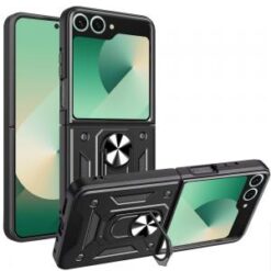 Samsung Z Flip 7 ELITE Camera Push Magnetic Ring Stand Hybrid Case Cover - Black