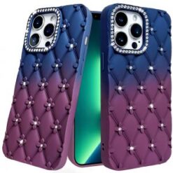 iPhone 13 Pro Floral Joy Glitter Shimmer Leather Feel Thick TPU Case - Dark Blue/Burgundy