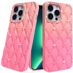 iPhone 13 Pro Floral Joy Glitter Shimmer Leather Feel Thick TPU Case - Orange/Pink