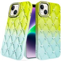 iPhone 13/14 Floral Joy Glitter Shimmer Leather Feel Thick TPU Case - Light Green/Teal