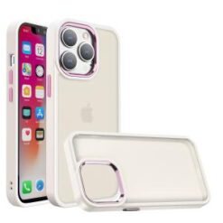 iPhone 13/14 Polished Oil Thick Acrylic Metal Button Hybrid Case Cover - Beige