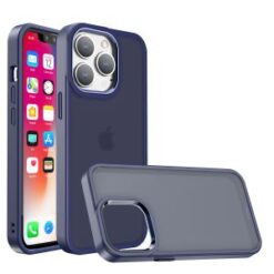 iPhone 13/14 Polished Oil Thick Acrylic Metal Button Hybrid Case Cover - Dark Blue