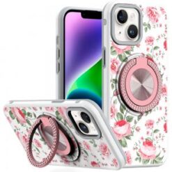 iPhone 13/14 Metal Diamond CD Pattern Design Matte Finished Hybrid with Rotational Ring [Car Mou