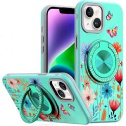 iPhone 13/14 Metal Diamond CD Pattern Design Matte Finished Hybrid with Rotational Ring [Car Mou