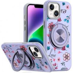 iPhone 13/14 Metal Diamond CD Pattern Design Matte Finished Hybrid with Rotational Ring [Car Mou