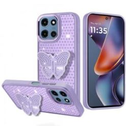 For Moto G 5G 2025/2026 - G Play 2026 - Butterfly Moveable Grip Stand With Small Diamonds Meta Butto