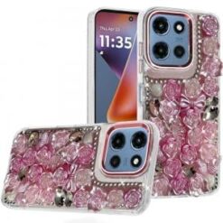 For Moto G 5G 2025/2026 - G Play 2026 - Muti-Color Floral Bling Stones Ornaments Case - Pink