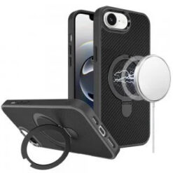 iPhone 17E / 16E / SE4 Carbon Design [Magnetic Circle] with Ring Stand Hybrid Case - Black