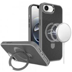 iPhone 17E / 16E / SE4 Carbon Design [Magnetic Circle] with Ring Stand Hybrid Case - Gray