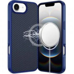 iPhone 17E / 16E / SE4 CarbonFiber Design Magnetic Ring HQ Thick 2.0mm Hybrid Case - Navy Blue