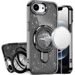 iPhone 17E / 16E / SE4 Transparent Glitter Rotaional Magnetic Ring Stand HQ Hybrid - Black
