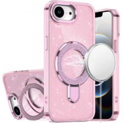 iPhone 17E / 16E / SE4 Transparent Glitter Rotaional Magnetic Ring Stand HQ Hybrid - Light Pink