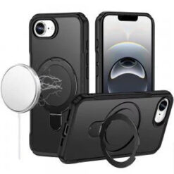 iPhone 17E / 16E / SE4 Matte Finish Simplified Magnetic Ring With Stand Hybrid Case - Black