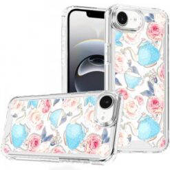 iPhone 17E / 16E / SE4 Beautiful TPU Designs Case Case - Pink Roses & Teal Teapots