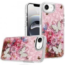 iPhone 17E / 16E / SE4 Epoxy Glitter Butterfly Ornaments Design HQ Metal Buttons Hybrid - 2