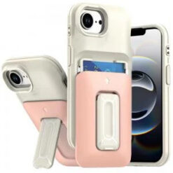 iPhone 17E / 16E / SE4 Card Holder (2X) with Wrist Strap Hybrid With KickStand - Beige+Light Pin