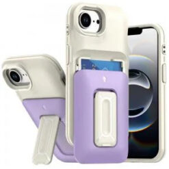 iPhone 17E / 16E / SE4 Card Holder (2X) with Wrist Strap Hybrid With KickStand - Beige+Light Pur