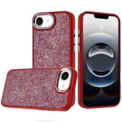 iPhone 17E / 16E / SE4 Crystal Glass Diamond with Metallic Buttons and Edges Hybrid Case - Red