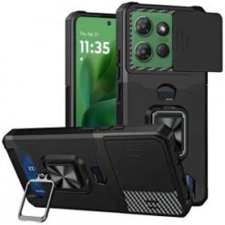 Moto G Power 2026/2025 Multi-Functional Card Magnetic Ring Stand Hybrid Camera Case Cover - Blac