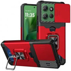Moto G Power 2026/2025 Multi-Functional Card Magnetic Ring Stand Hybrid Camera Case Cover - Red