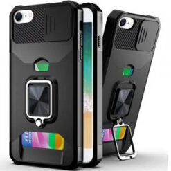 iPhone 17E / 16E / SE4 Multi-Functional Card Magnetic Ring Stand Hybrid Camera Case Cover - Blac