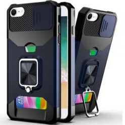 iPhone 17E / 16E / SE4 Multi-Functional Card Magnetic Ring Stand Hybrid Camera Case Cover - Blue
