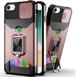 iPhone 17E / 16E / SE4 Multi-Functional Card Magnetic Ring Stand Hybrid Camera Case Cover - Rose