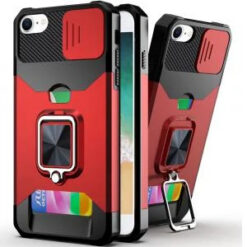 iPhone 17E / 16E / SE4 Multi-Functional Card Magnetic Ring Stand Hybrid Camera Case Cover - Red