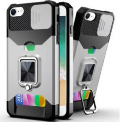iPhone 17E / 16E / SE4 Multi-Functional Card Magnetic Ring Stand Hybrid Camera Case Cover - Silv