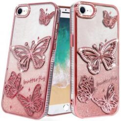 iPhone 17E / 16E / SE4 Butterfly Freedom Shimmer Glitter Thick TPU Case Cover - Rose Gold
