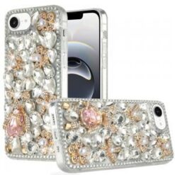 iPhone 17E / 16E / SE4 Full Diamond with Ornaments Hard TPU Case Cover - Silver Panda Floral