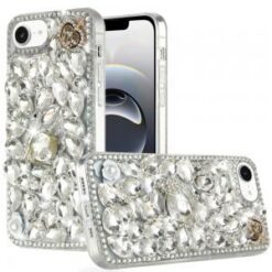 iPhone 17E / 16E / SE4 Full Diamond with Ornaments Hard TPU Case Cover - Silver Swan Crown Pearl