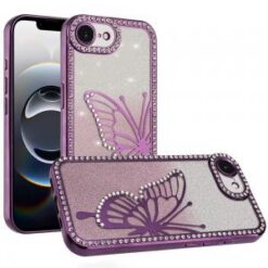 iPhone 17E / 16E / SE4 Electroplated Butterfly With Diamonds Glitter Shimmer Hybrid Case - Purpl